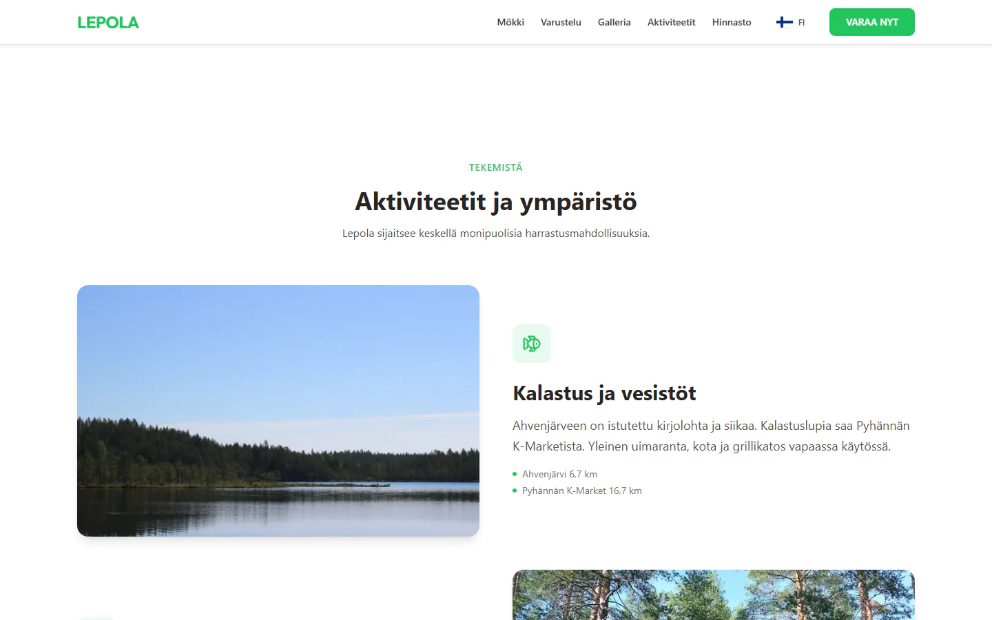 Activities section: fishing on Lake Ahvenjärvi
