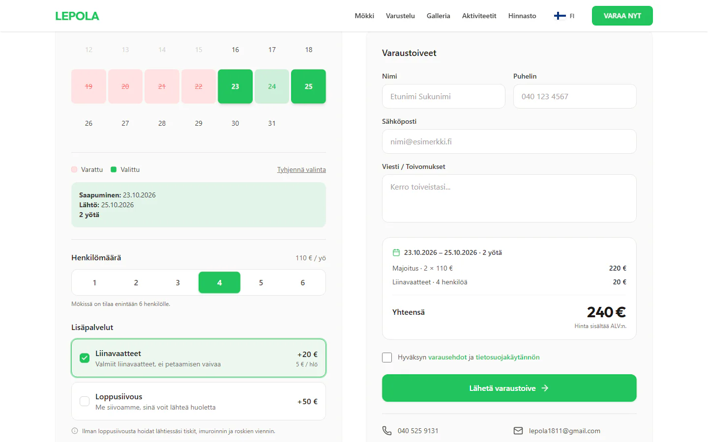 Price calculator: two nights for four guests with bed linens, 240 euros in total