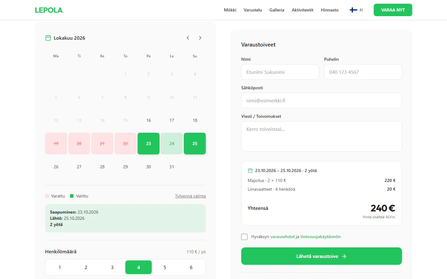 Booking calendar with booked days struck through and the selected stay highlighted in green