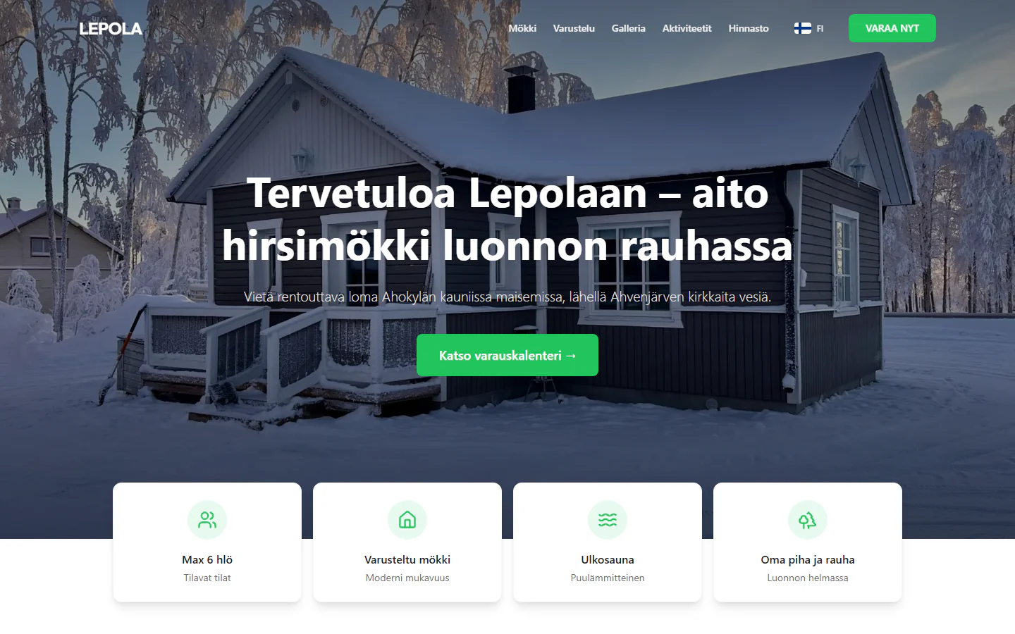 Lepola home page: a snowy log cabin at blue hour with a button to the booking calendar