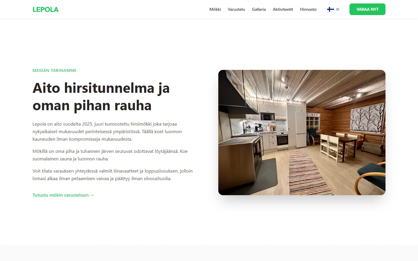 Story section with a photo of the cabin kitchen