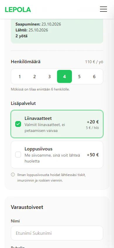 Extras and booking form on a phone
