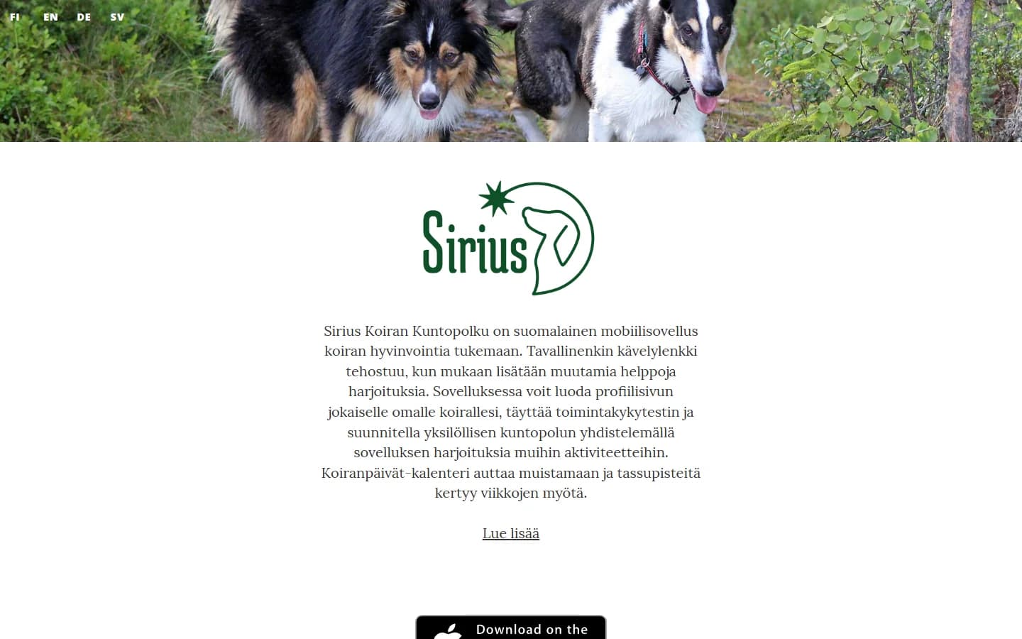 Siriuksen vanha sivusto vuonna 2019 App Store- ja Google Play -painikkeineen